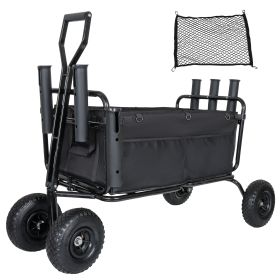 Fishing Cart Beach Cart Collapsible Wagon 9.85'' All-Terrain Wheels for Sand, Heavy Duty Garden Cart with Rod Holders
