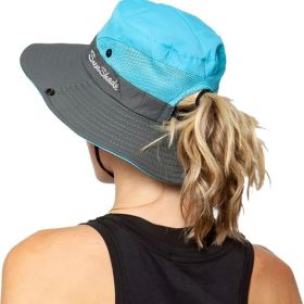 Women's Outdoor UV-Protection-Foldable Sun-Hats Mesh Wide-Brim Beach Fishing Hat with Ponytail-Hole (Color: Blue)